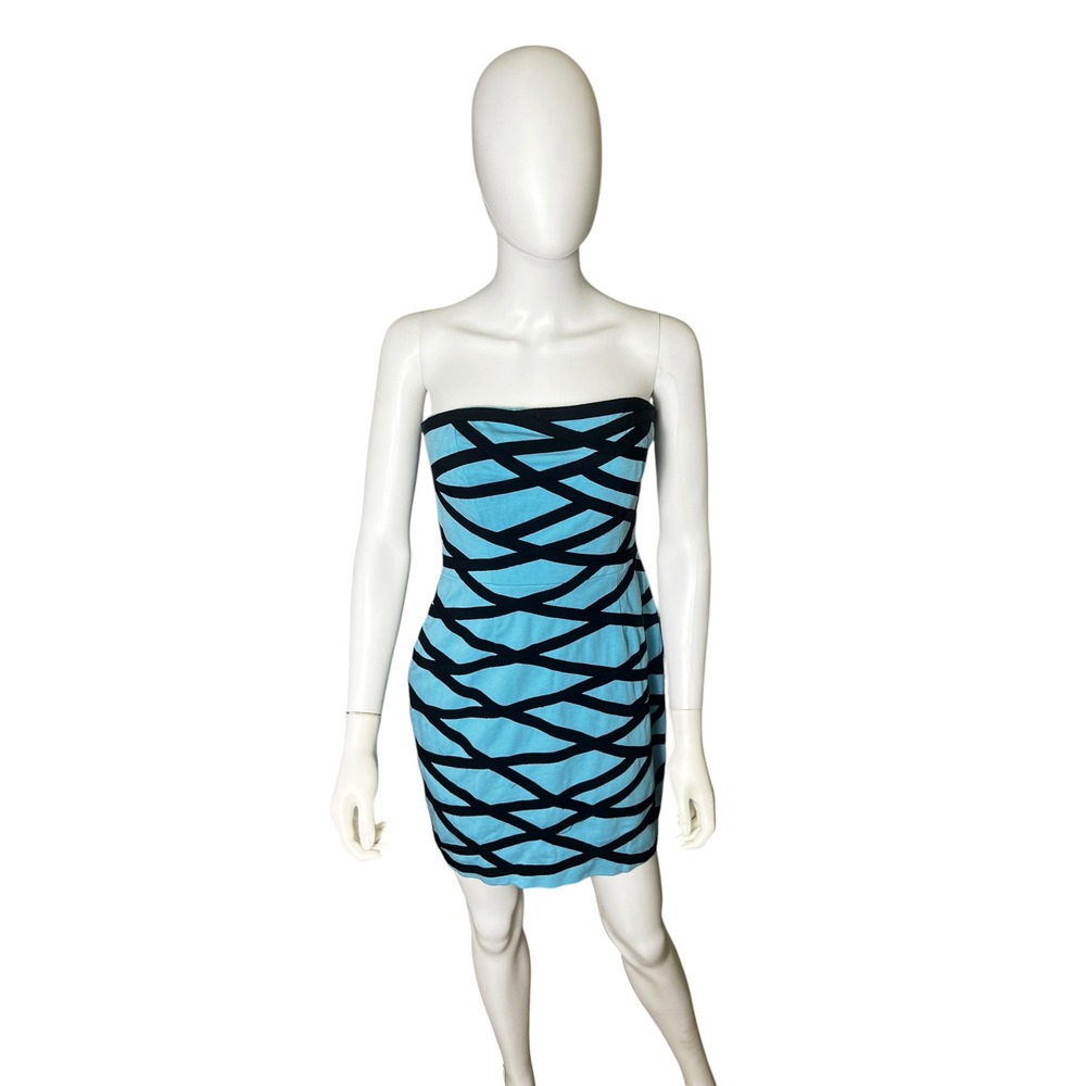 Cynthia Steffe Strapless Bodycon Dress Aqua Black Crisscross Size 8
